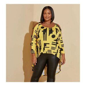 SIZE:26/28 ASHLEY STEWART YELLOW&BLACK GEOMETRIC PATTERN LNG SLV HI-LO BLOUSE